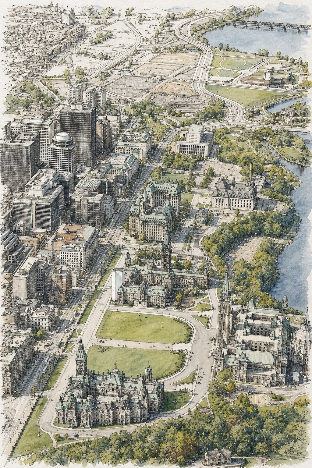 Aerial ink drawing of Ottawa-Gatineau — Parliament Hill, the Rideau Canal, the Ottawa River